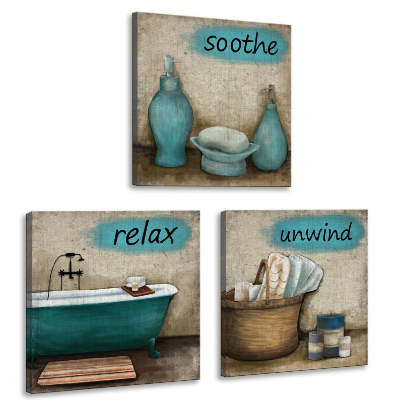 iHAPPYWALL 3 Pieces Bathroom Canvas Wall Art Teal Style Bathtub Bath Set Towel Relax Soothe Unwind Bathroom Still Life Picture Poster Print Stretched and Framed Ready To Hang - Image 1